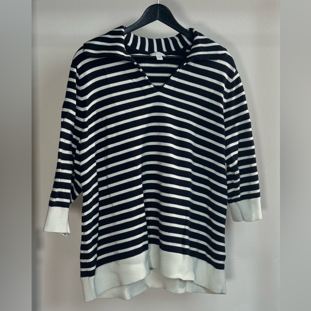 J. Jill Navy and White Striped V-Neck Sweater